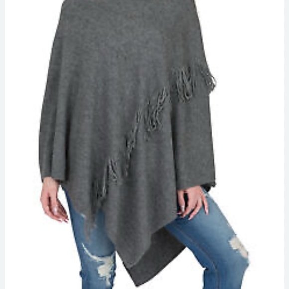 ELLA MOSS Fringed Poncho Sweater Nylon/Wool Gray OS - Picture 2 of 7